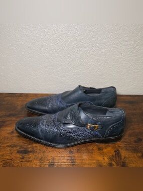 BELVEDERE Genuine Alligator Navy Blue Monk Strap Textured Reptile Print Shoes